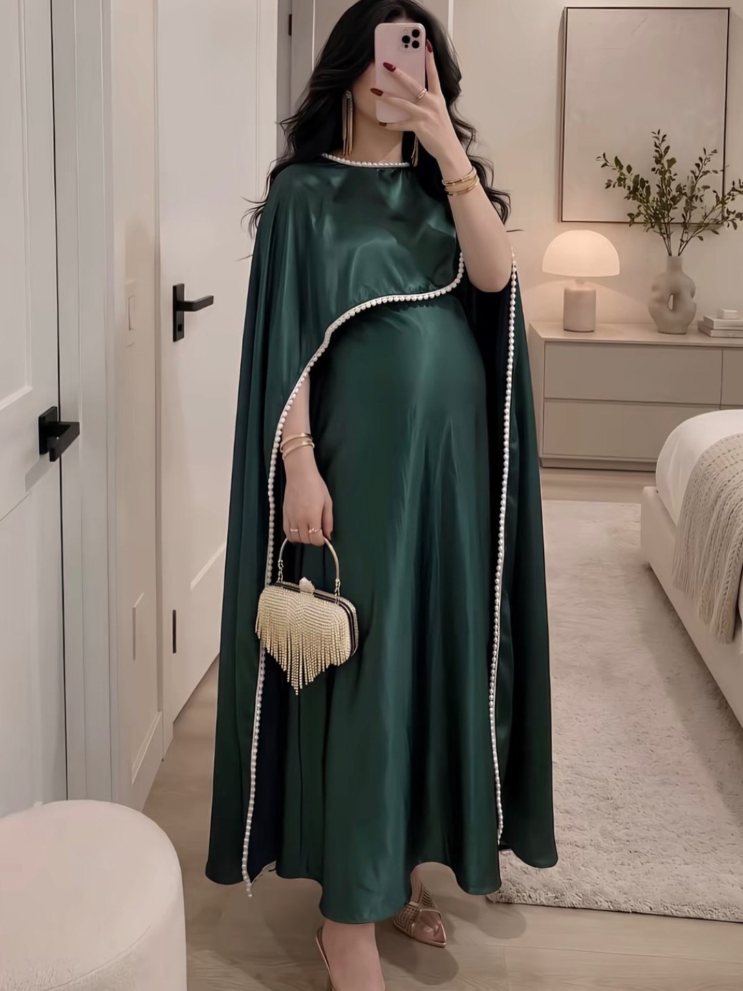 پیراهن بارداری شنل دار با حاشیه مروارید